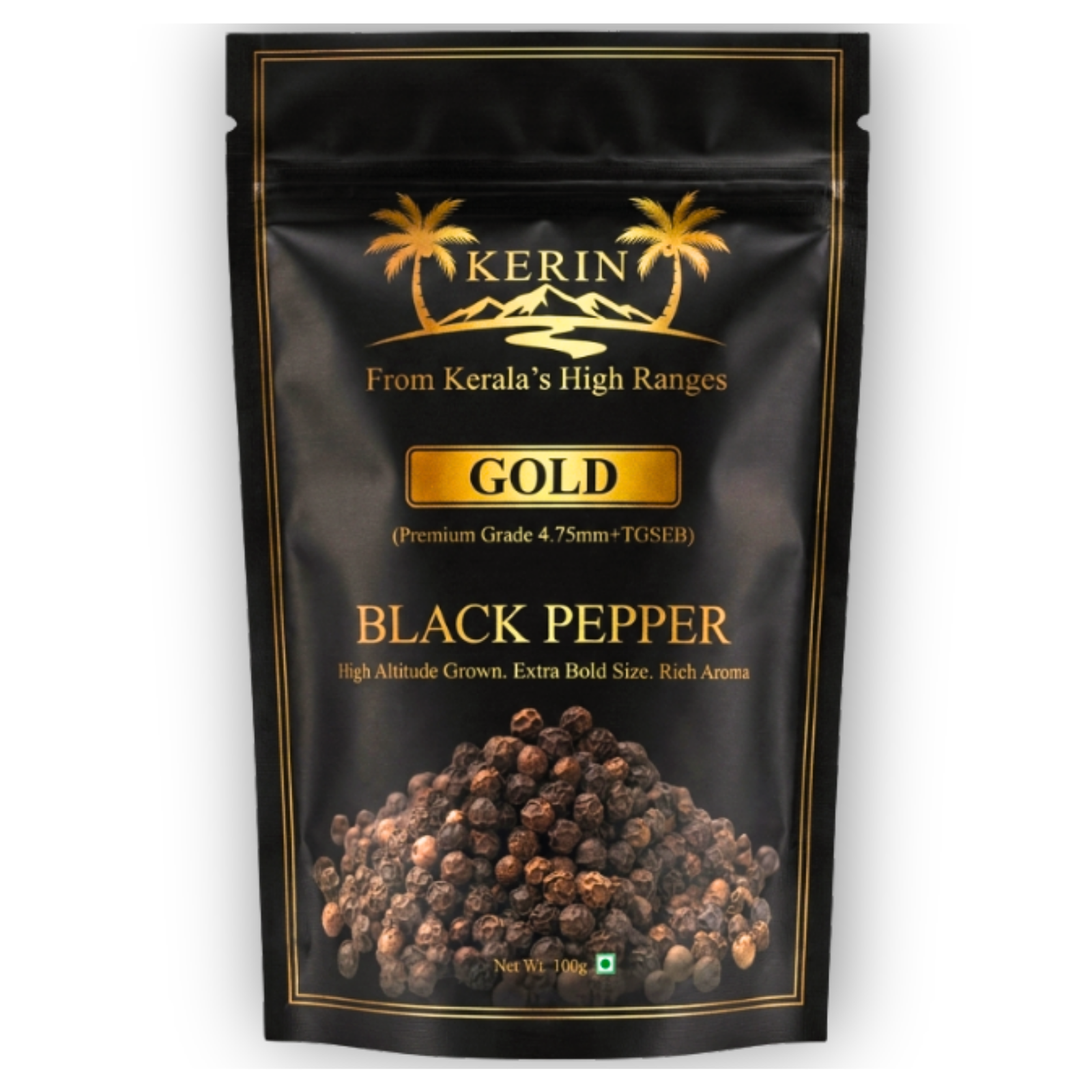 KERIN Gold Premium Kerala Black Pepper 4.75mm+ TGSEB premium whole black pepper from Idukki Kerala 100g